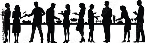 Elegant Business Networking Event Silhouettes with Professionals Standing, Socializing, Eating and Drinking at Corporate Party, Cocktail Reception, Vector Illustration on White Background