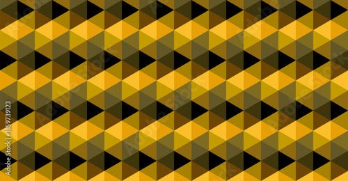Seamless geometric triangle pattern in gold, yellow, black and olive tones. Abstract modern background with repeating polygon shapes, stylish texture for textile print, wallpaper, branding and wrappin