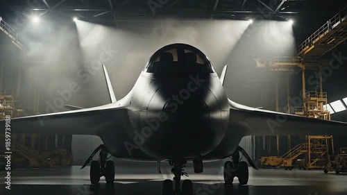 Sleek military jet in a high-tech hangar with dramatic lighting