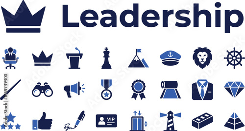 Leadership and CEO Vector Icon Set. Business Management, Vision, Authority, and Success Symbols. Blue Flat Design Style.