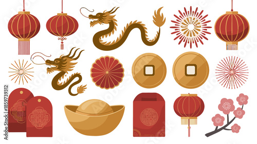 Elegant illustrations of traditional elements celebrating the Lunar New Year.