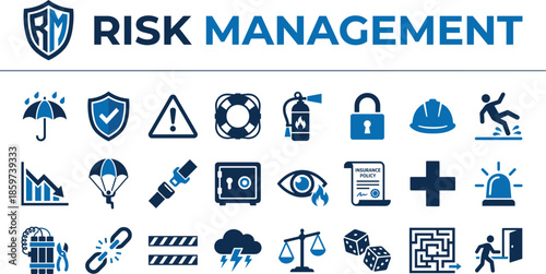 Risk Management and Security Vector Icon Set. Insurance, Protection, Crisis, and Safety Symbols. Blue Flat Design Style.