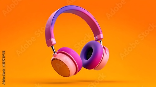 A vibrant, 3D rendered pair of headphones, with a gradient of pink, purple, and orange hues