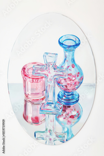 An elegant still life featuring a blue bottle, a pink cup, and several transparent glass vessels.