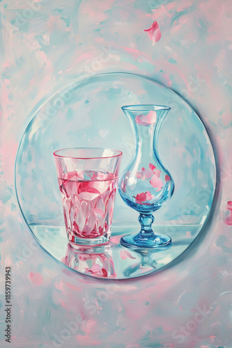 A delicate still life featuring a glass decanter and a cup filled with pink petals. 