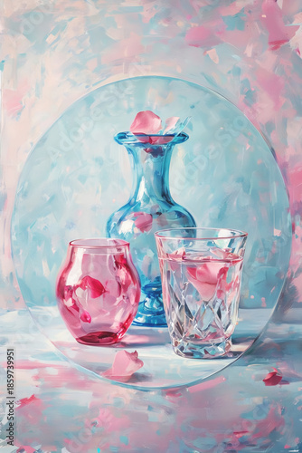 A refined still life featuring a blue glass decanter, a pink goblet, and a clear glass with pink petals.