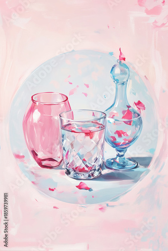 A soft and elegant still life featuring three glass containers: a pink vase, a clear faceted glass, and a blue bottle.