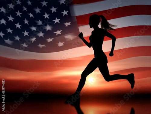 Female runner silhouetted against american flag sunset