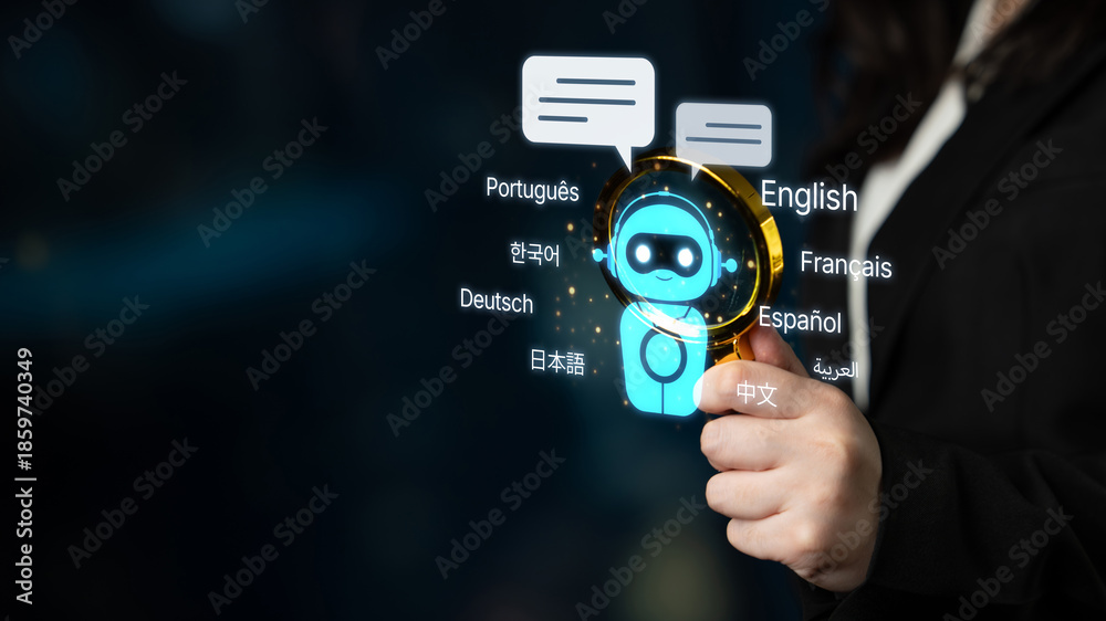 Fototapeta premium Global communication with multiple languages, digital translation tools, multilingual technology, cross-cultural communication, and virtual language learning environments. Spline