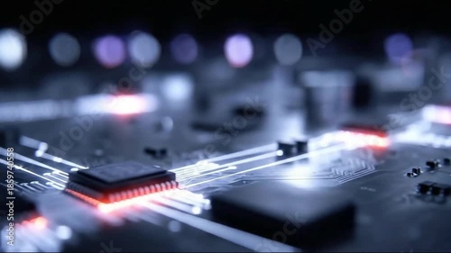 Close-up of glowing computer chips on a circuit board