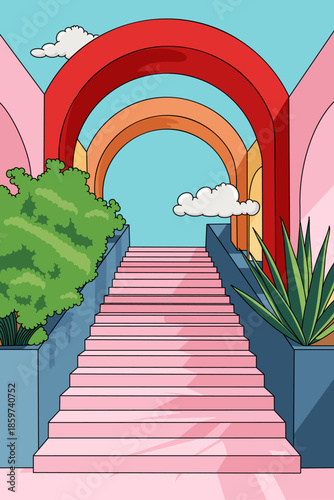Pink Staircase with Open Arches Leading to Open Sky with Clouds and Plants Surreal Geometric Abstract Landscape
