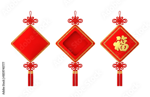 Three traditional Chinese New Year decorations featuring red diamond shapes, intricate knots, and golden accents symbolize prosperity and good fortune for festive celebrations.