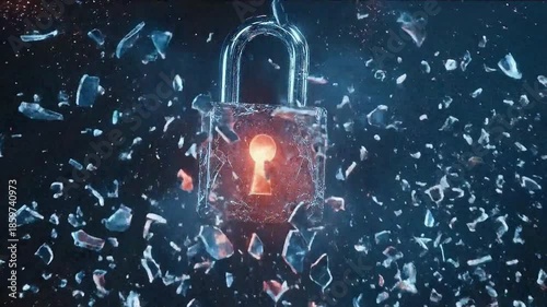 Shattered padlock explodes with glowing keyhole center