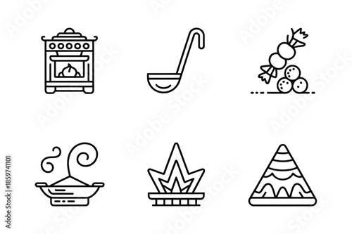 Traditional kitchenware and Indian festive food line art icons