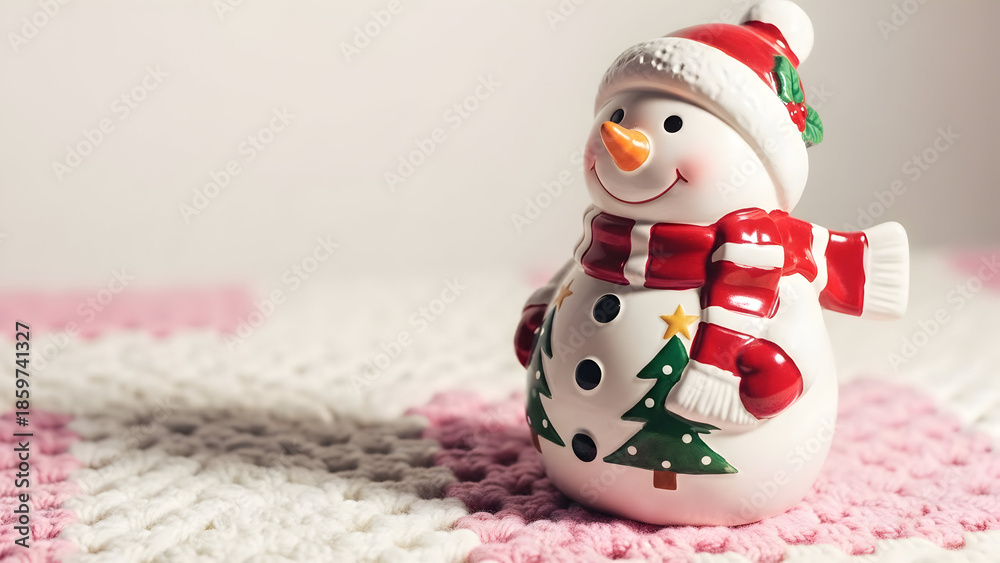 Fototapeta premium A ceramic snowman figurine with christmas tree and santa decorations