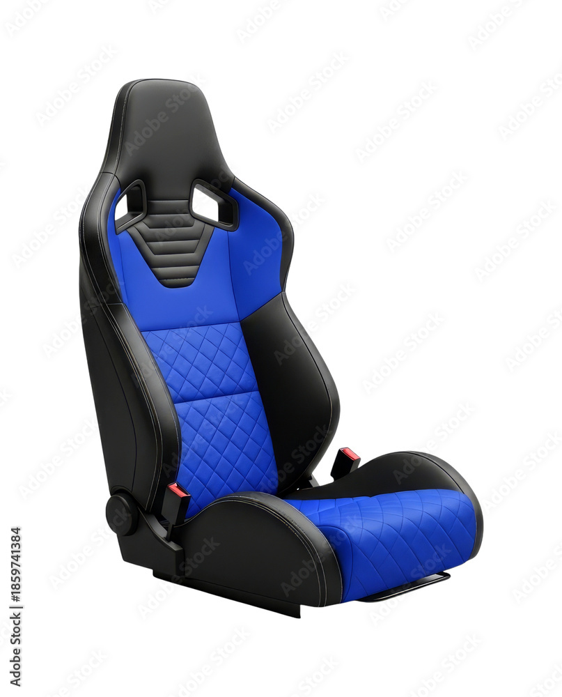 Fototapeta premium Modern racing car seat with vibrant blue and black upholstery, featuring a quilted pattern and ergonomic design for high-performance vehicles.