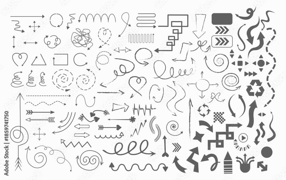 Obraz premium A versatile set of vector arrow illustrations in various styles and directions, perfect for sketchbooks, design layouts, UI elements, infographics, and creative projects.