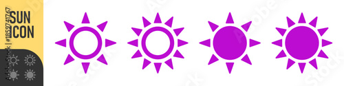 Sun icons colors set, weather, brightness, summer, or settings ideal for UI, apps, forecasts, and daylight themes