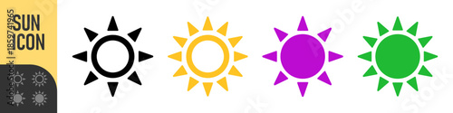 Sun icons colors set, weather, brightness, summer, or settings ideal for UI, apps, forecasts, and daylight themes