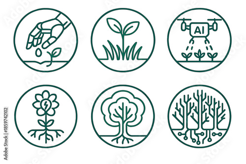 Futuristic Cyber Ecology. Line style circular vector icons of cyber ecology: metallic hand planting seed, neon grass sprouting, AI