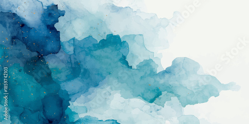 Abstract watercolor nature background featuring a bright blue sky with fluffy white cumulus clouds and a vintage paper texture under soft summer light