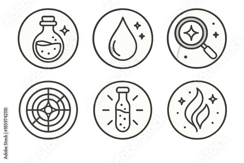 Magical Research Icons. Line style circular vector icons of magical research: potion bottle levitating, enchanted droplet sparkle,