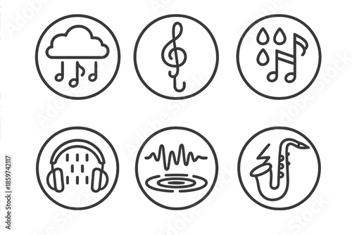 Harmonic Rain Icons. Line style circular vector icons of harmonic rain: cloud releasing music notes, umbrella made of treble clefs