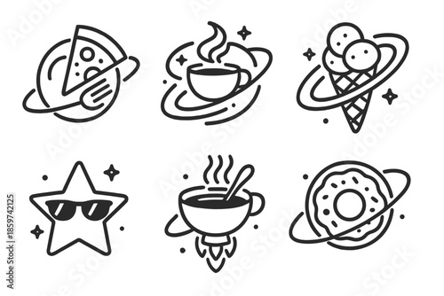 Cosmic Culinary Icons. Line style circular vector icons of stellar dining: pizza planet orbiting fork, coffee comet swirl, ice