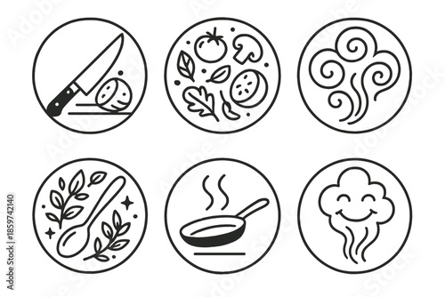 Creative Cooking Icons. Line style circular vector icons of creative cooking: knife mid-cut, floating ingredients, swirling steam