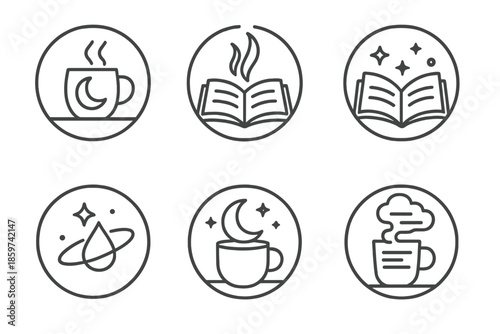 Celestial Coffee Icons. Line style circular vector icons of celestial caffeine: crescent moon mug, steam rising like pages,
