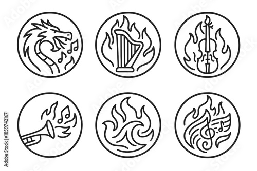 Symphonic Fire Icons. Line style circular vector icons of symphonic fire: dragon exhaling glowing notes, flame harp aura, burning