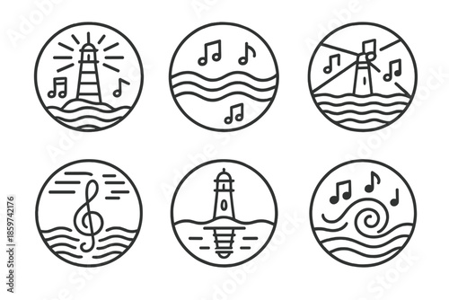 Symphonic Shore Iconography. Line style circular vector icons of symphonic shore: musical lighthouse glow, wave rhythm lines,