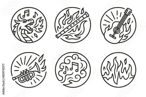 Musical Fire Elements. Line style circular vector icons of blazing symphony: dragon roaring melody notes, flute fire swirl,