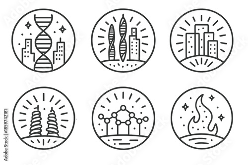 Bioluminescent Skyline Icons. Line style circular vector icons of bioluminescent design: DNA helix forming skyline, glowing strand