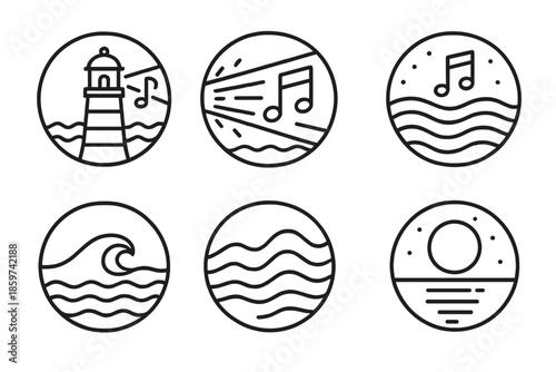 Seaborne Harmony Icons. Line style circular vector icons of seaborne harmony: musical lighthouse glow, shining beam notes,