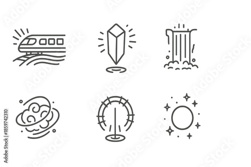 Radiant Line Icons. Line style icons of Radiant Tracks: spectral train, floating monolith, glowing waterfall, orbiting mist,