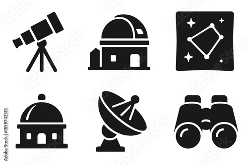 Astronomical Instruments Icons. Solid style icons of astronomical instruments in : telescope satellite, observatory prism, star