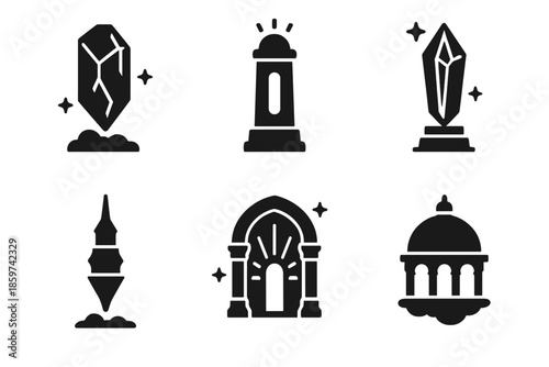 Fantasy Architecture Icons. Solid style icons of fantasy architecture in : levitating monolith, glowing tower, crystal obelisk,