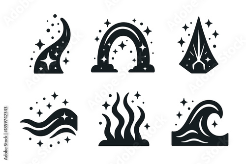 Fantasy Energy Icons. Solid style icons of fantasy energy landscapes in : spark trail, glowing arc, prism filament, radiant