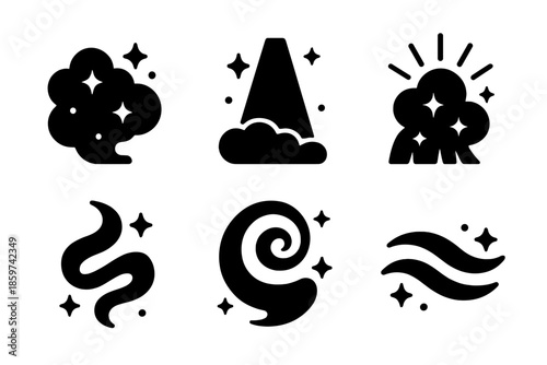 Magical Light Icons. Solid style icons of magical light effects in : glowing mist, prism fog, radiant haze, luminous ribbon,