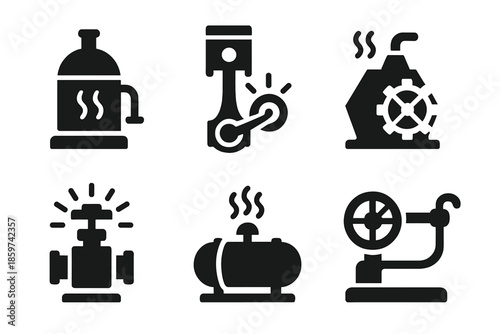 Steam-Powered Icons. Solid style icons of steam-powered devices in : boiler, glowing piston, prism engine, radiant valve, ethereal