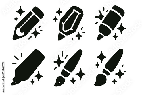 Whimsical Stationery Icons. Solid style icons of whimsical stationery in : pencil, prism pen, glowing crayon, radiant chalk,