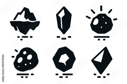 Floating Natural Icons. Solid style icons of levitating natural objects in : floating iceberg, hovering crystal, prism shard,
