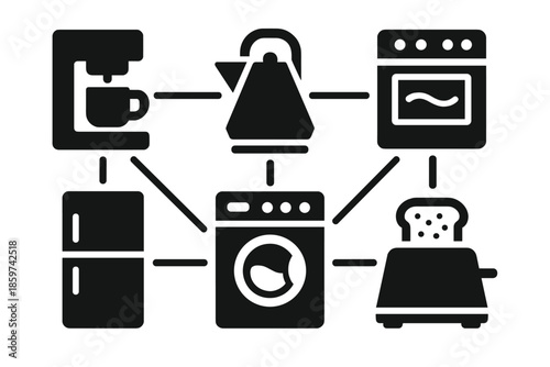 Connected Appliance Icons. Solid style icons of connected appliances: coffee maker, kettle prism, oven wave, fridge prism, washing