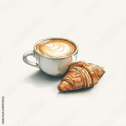 Watercolor coffee with latte art and croissant breakfast pastry and beverage isolated on white backg