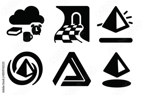 Surreal Dream Icons. Solid style icons of dream logic motifs: floating objects, bending perspective, glowing prism, prism swirl,