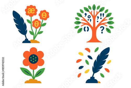 Linguistic Botany Icons. Isometric vector illustration set Linguistic Botany: phoneme buds blooming from quills, grammar trees