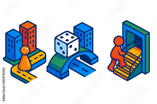 Colorful Board Game Adventure. Isometric vector illustration set Board Game Pieces Navigating Cities: pawn moving along skyscraper