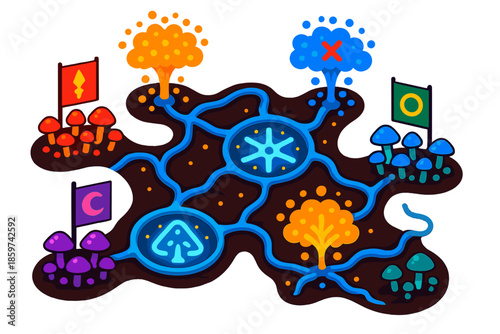 Fungal Clan Vexillology. Isometric vector illustration set Vexillology for Mycelium Network Clans: underground fungal network with