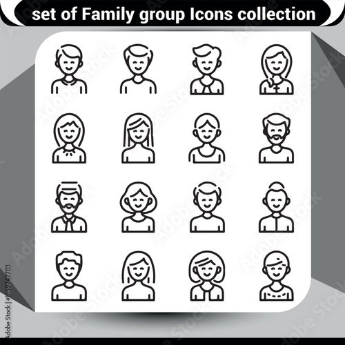 A diverse collection of minimalist line icons representing various family members and user profiles